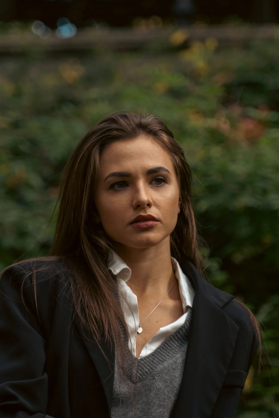 Brunette Woman in Gray Sweater