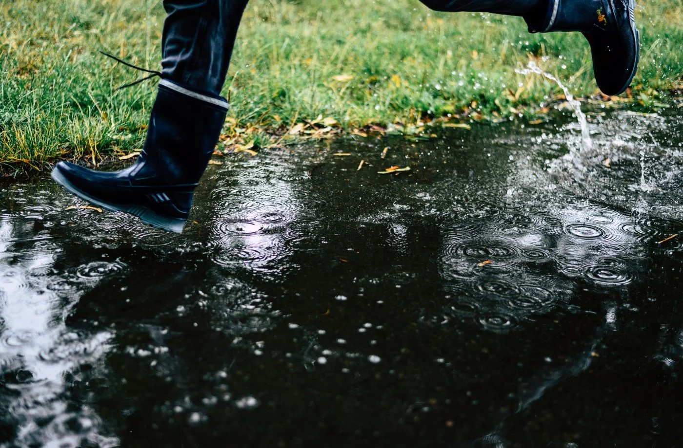 Rain Boots Splashing Through a Puddle Outdoors