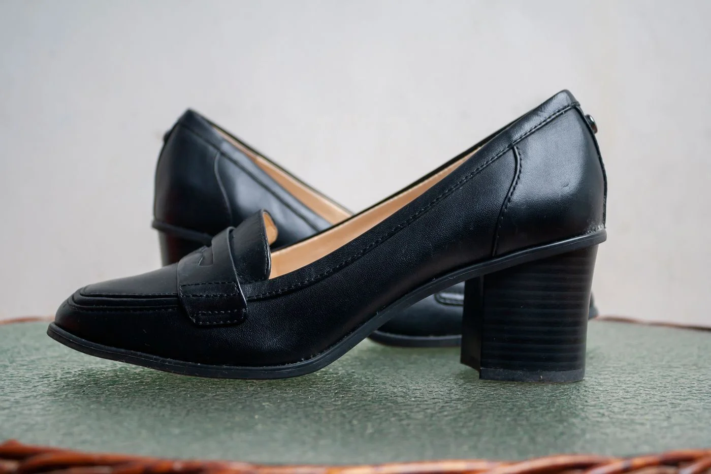 Black Leather Slip on Shoes with Low Heels