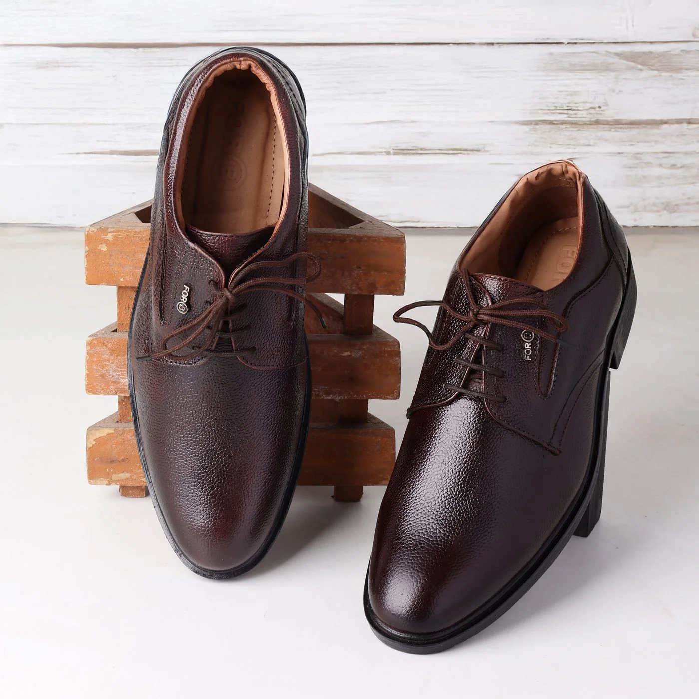 Formal leather shoes on display