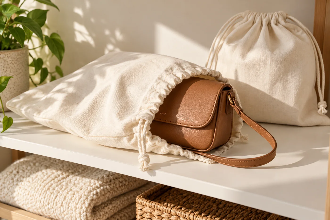 Shoulder bag stored inside a cotton dust bag