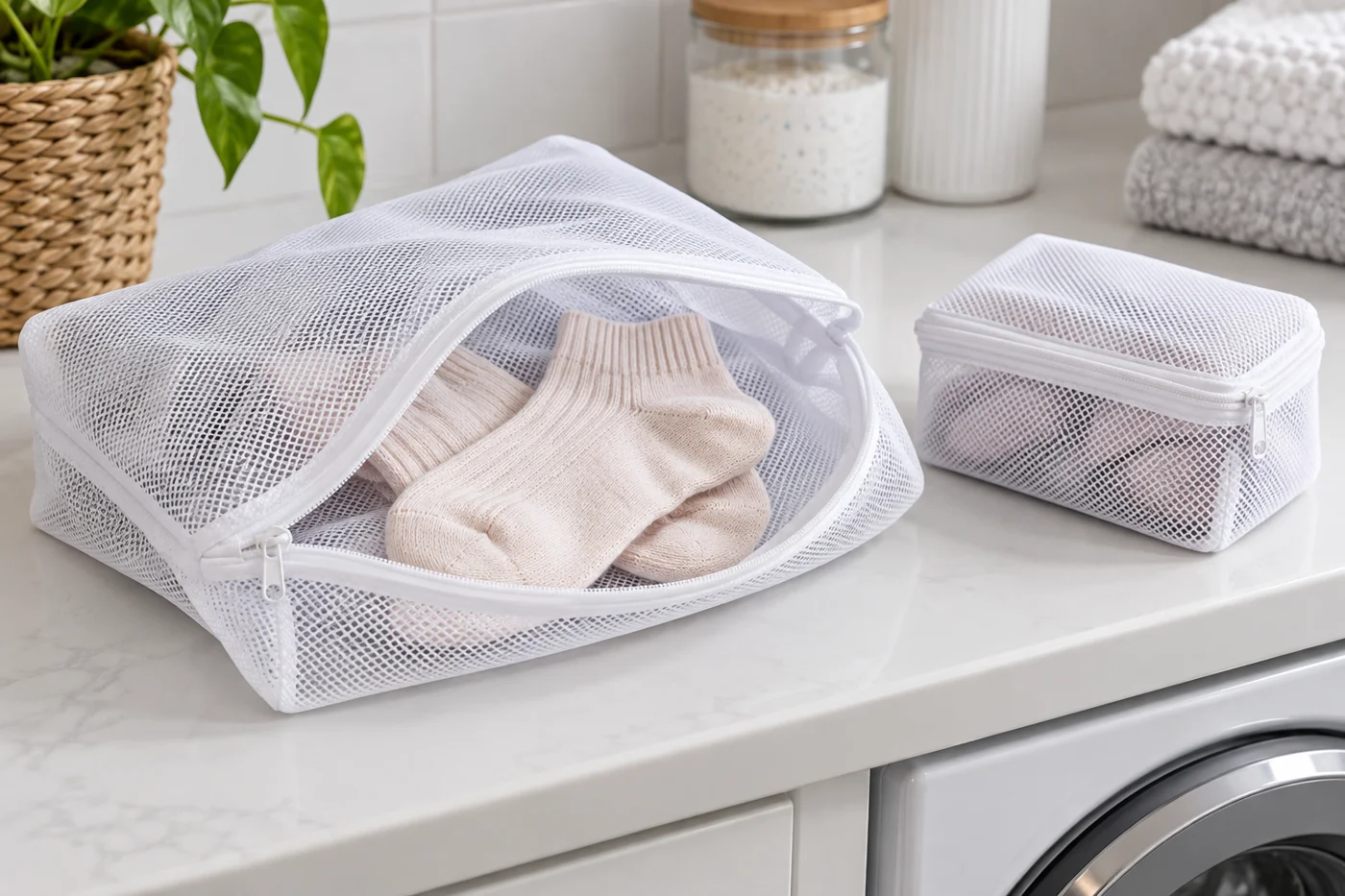 Zippered mesh laundry bags holding delicate socks