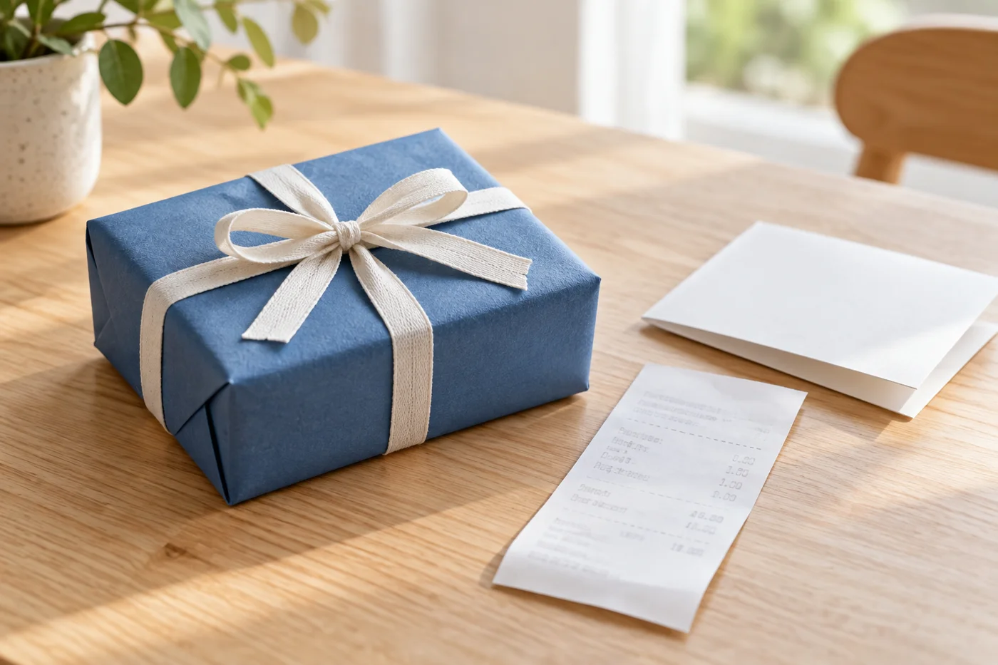Wrapped gift beside a paper receipt and order slip